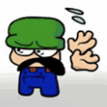 a cartoon character with a green hat and mustache is giving a thumbs up sign .