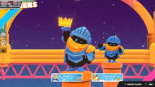 a screenshot of a video game with two knight characters on a pedestal