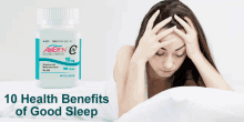 a woman laying on a bed with a bottle of ambient sleeping pills