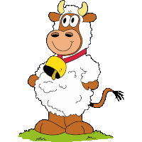 a cartoon cow wearing a sheep costume and a bell around its neck