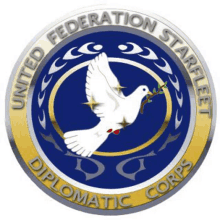 the logo for the united federation star fleet diplomatic corps shows a dove holding a branch .