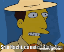 a cartoon character with a hat and tie says " srta nachi es usted diabolica "