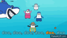 a shark is surrounded by penguins and says doo doo doo doo doo doo