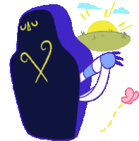 a cartoon drawing of a coffin with a sword and a butterfly