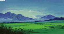 a painting of a grassy field with mountains in the background and the words unregistered at the bottom