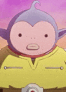 a close up of a cartoon character wearing a yellow jacket and a purple mask .