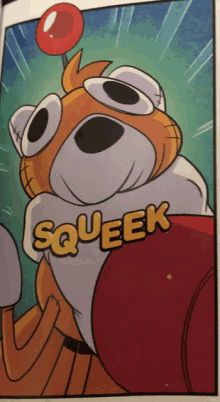 a cartoon character is holding a red balloon and the word squeek is above him