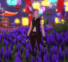 a girl with pink hair is standing in a field of purple flowers in a video game