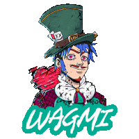 a drawing of a mad hatter with the word wagmi on the bottom right