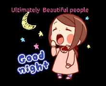 a girl is yawning in front of a crescent moon and the words good night