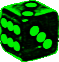 a green dice with six dots on it is glowing in the dark on a white background .