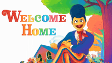 a cartoon character is sitting on a blanket with the words welcome home behind him