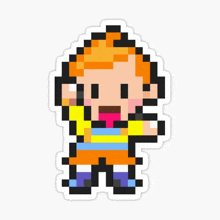 a pixel art sticker of a boy with red hair and a yellow shirt .