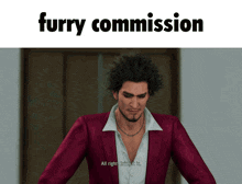 a picture of a man in a red jacket with the words furry commission above him