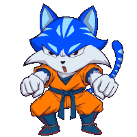 a cartoon drawing of a blue and white cat dressed as goku