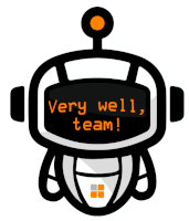 a robot with the words " very well team " on its face