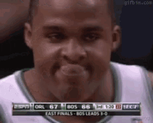 a basketball player is making a face in front of a scoreboard that says espn on it