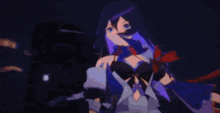 a pixel art of a girl with purple hair holding a sword in a video game .