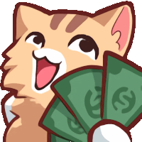 a cartoon cat is holding a fan of green dollar bills with the letter s on them