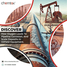 an advertisement for chemtex shows pipeline corrosion and scale deposits