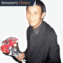 a man in a suit is holding a bouquet of flowers in front of an amazon 's choice sign