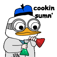 a cartoon of a duck holding a beaker with the words cookin sumn ' written above it