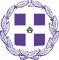 a purple and white cross with a black anarchy symbol on it