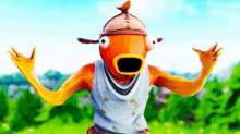 a cartoon character is standing in a field with his arms outstretched and a hat on his head .