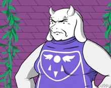 a cartoon drawing of a goat with horns and a purple shirt with a shield on it