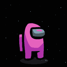 a pink among us character stands in a dark space