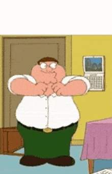 peter griffin from family guy is standing in a room with his arms crossed and flexing his muscles .