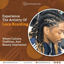 an advertisement for the dreadlocks salon features a man with dreadlocks