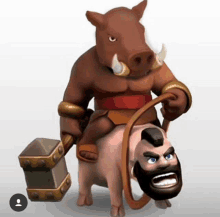 a man with a beard is riding a pig with a hammer .