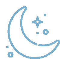 a blue line drawing of a crescent moon with a star