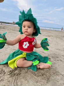 a baby dressed in a lilo and stitch costume is sitting on the beach