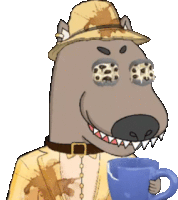 a cartoon dog is wearing a hat and holding a blue cup