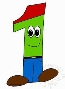 a cartoon drawing of a green number one with a red hat , blue pants and brown feet .