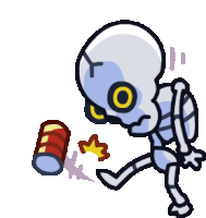 a cartoon drawing of a skeleton with a can of fireworks