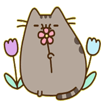 a cartoon cat has a flower in its mouth