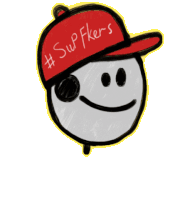 a drawing of a smiley face wearing a red hat that says # sufkers