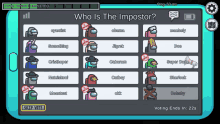 among us game showing a list of names and the question who is the impostor