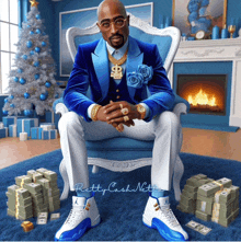 a man in a blue suit and white pants is sitting in a chair with stacks of money around him