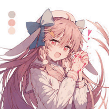 a girl with long pink hair and bunny ears is holding a bloody hand in her hand .