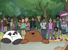 a group of people are standing around a cartoon panda bear