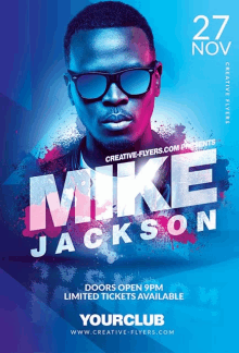 a poster for mike jackson shows a man with sunglasses on