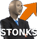 a man in a suit and tie is standing in front of an orange arrow that says stonks .