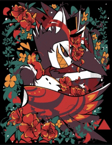 a drawing of a bird surrounded by flowers and leaves on a black background