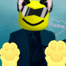 a yellow smiley face with cat ears and paws has a pink heart that says meow