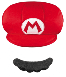 a red hat with a white m and black mustache