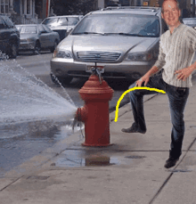 a man standing next to a fire hydrant with a car in the background and a license plate that says rcj on it